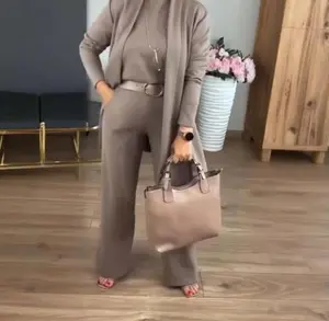 Cross-border solid color elegant commuter autumn three-piece set featuring a long-sleeve cardigan sweatshirt and wide-leg pants
