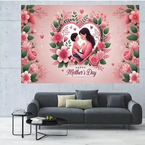 1PC,2D Flat Mother's Day Warm Parent - Child Floral Heart - Shaped Tapestry, Home Decor Wall Hanging, Festival Atmosphere Decoration, Background Cloth For Bedroom, Living Room, Photo Backdrop