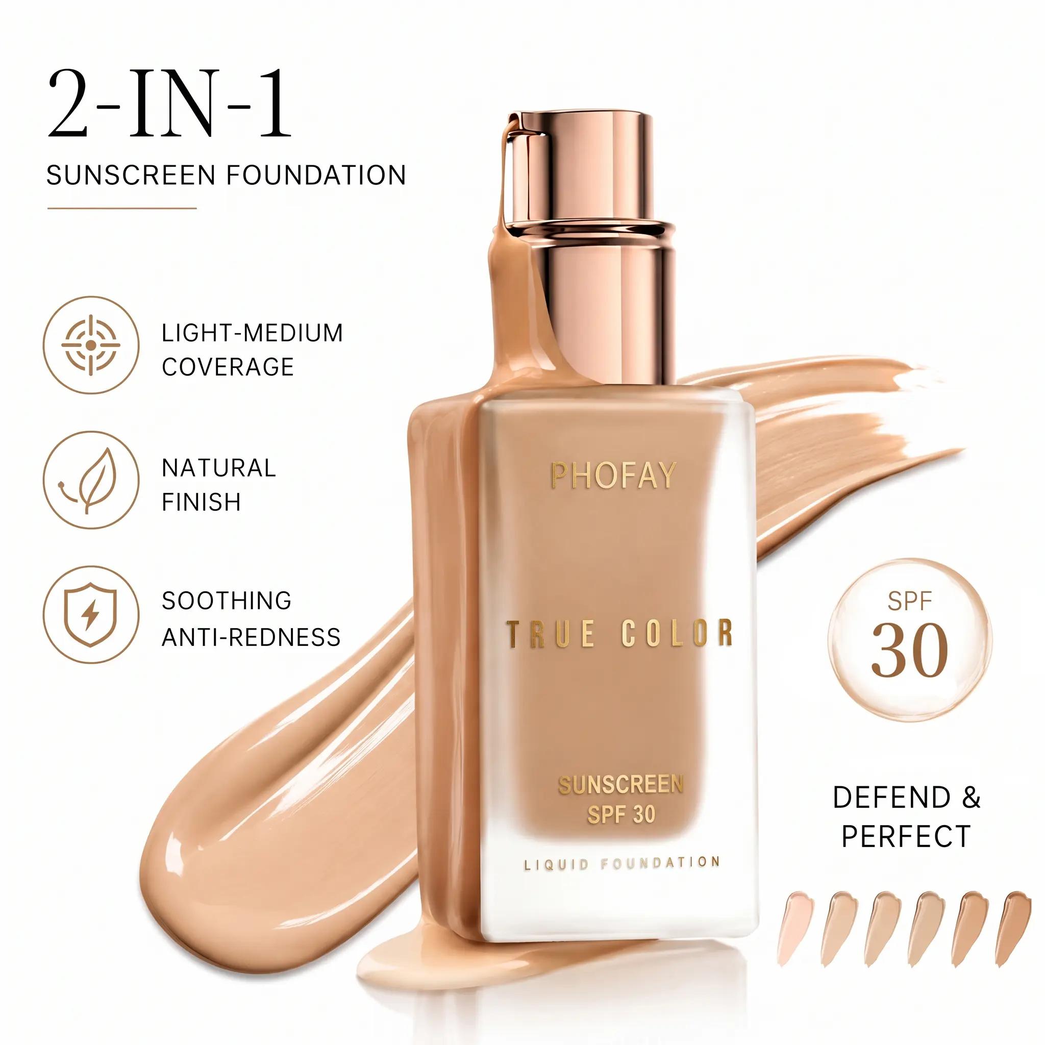 PHOFAY Tinted Foundation SPF 30 – Light-Medium Coverage, Natural Matte Finish, Covers Acne Scars Redness & Dark Spots, 24H Long Lasting Wear, Waterproof Sweatproof, Lightweight Breathable, Oil Control, For Everyday Makeup, All Skin Types, Flawless