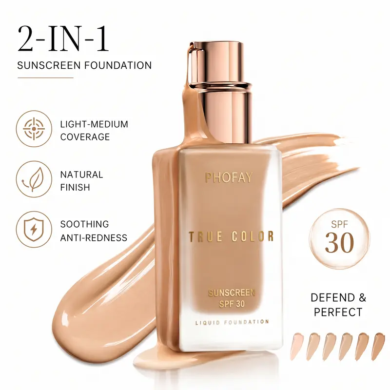PHOFAY Tinted Foundation SPF 30 – Light-Medium Coverage, Natural Matte Finish, Covers Acne Scars Redness & Dark Spots, 24H Long Lasting Wear, Waterproof Sweatproof, Lightweight Breathable, Oil Control, For Everyday Makeup, All Skin Types, Flawless