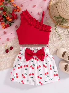 Youthful Girl Sleeveless Top + Sunflower Print Bow Shorts Set, Perfect for Casual Wear & Daily, Ideal Gift for Young Fashionistas, Summer Gift Set