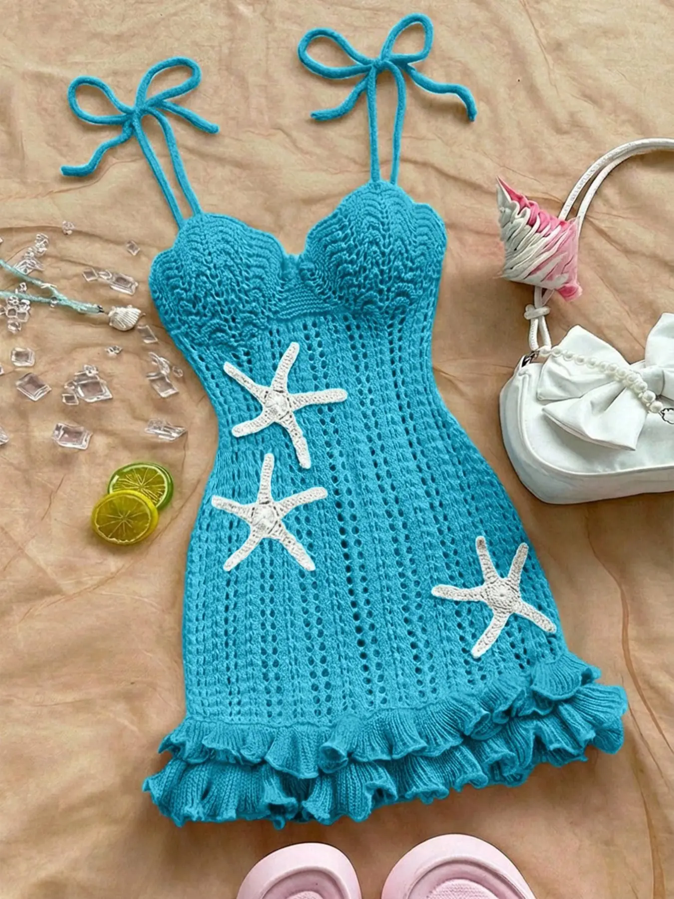 Summer Beach Crochet Dress For Women, Hollow Out Knitted Mini Dress With Starfish Embroidery, Pink Ruffle Summer Beach Crochet Dress For Women, Hollow Out Knitted Mini Dress With Starfish Embroidery, Pink Ruffle