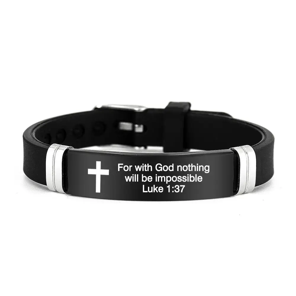Unisex Religious Bracelets Jewelry - Silicone-Steel Scripture Quote Wristband with Cross Print, Adjustable Casual Fashion Steel-Rubber Accessory for Daily Wear, Birthday Gift