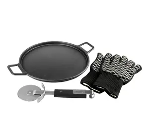 Cast Iron Pizza Stone, Round Griddle, Skillet with Handles, Pizza Cutter, 932F Heat Resistant Gloves, 4pc Set Kitchen Oven