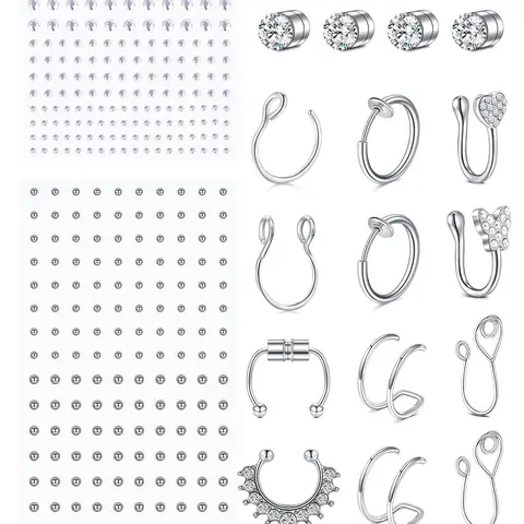 Fake Eyebrow and Lip Studs, Magnetic Nose Ring, Stainless Steel Studs, Rhinestone Stickers, No-Piercing Body Jewelry, Fake Piercings, Body Jewelry Kit