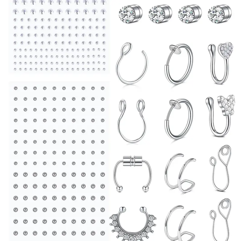 Fake Eyebrow and Lip Studs, Magnetic Nose Ring, Stainless Steel Studs, Rhinestone Stickers, No-Piercing Body Jewelry, Fake Piercings, Body Jewelry Kit
