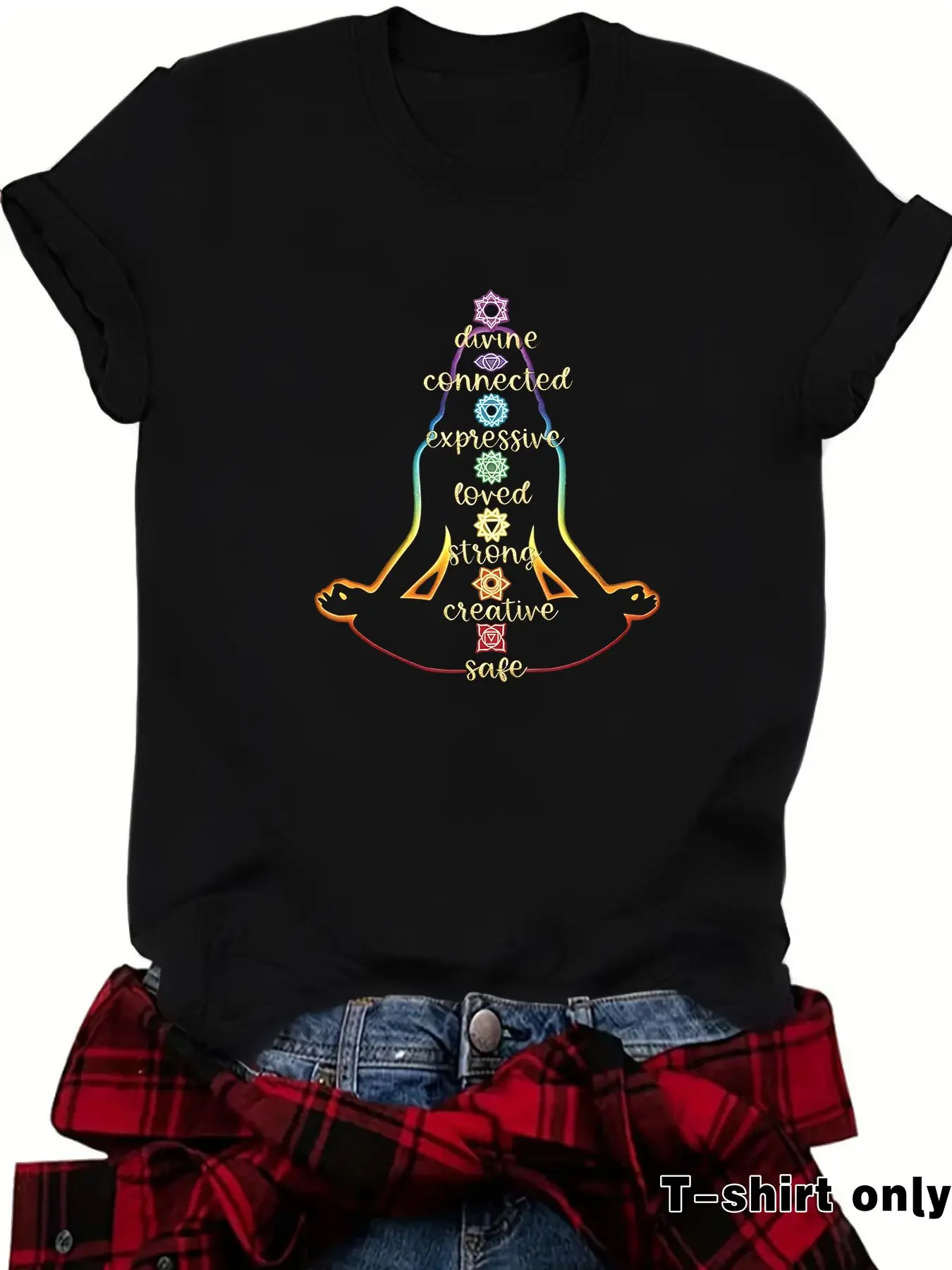 Chakra Symbol Print Fashion Casual Short Sleeve T-Shirt, Summer Fitted Round Neck Women's Top, Comfortable Breathable Female Clothing