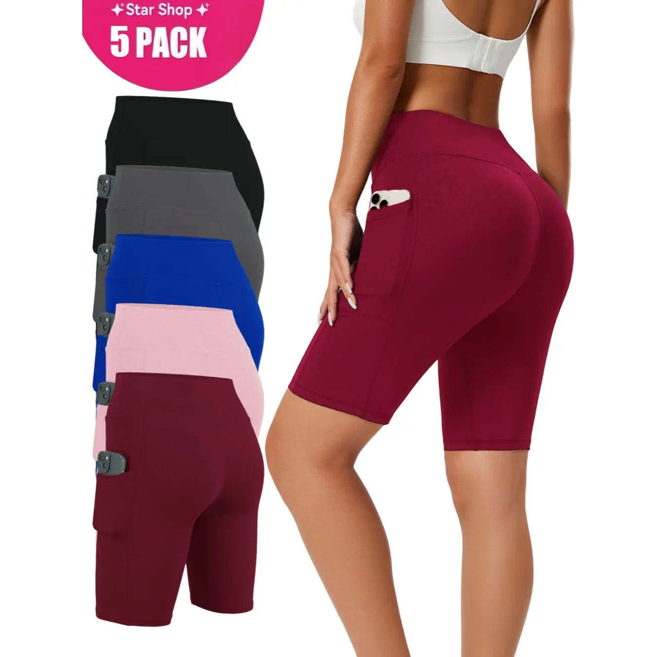 Women's 5-Pack High-Waist Pocket Yoga Biker Shorts - Comfy, Breathable Athletic Compression Women's Clothes for Workout, Fitness