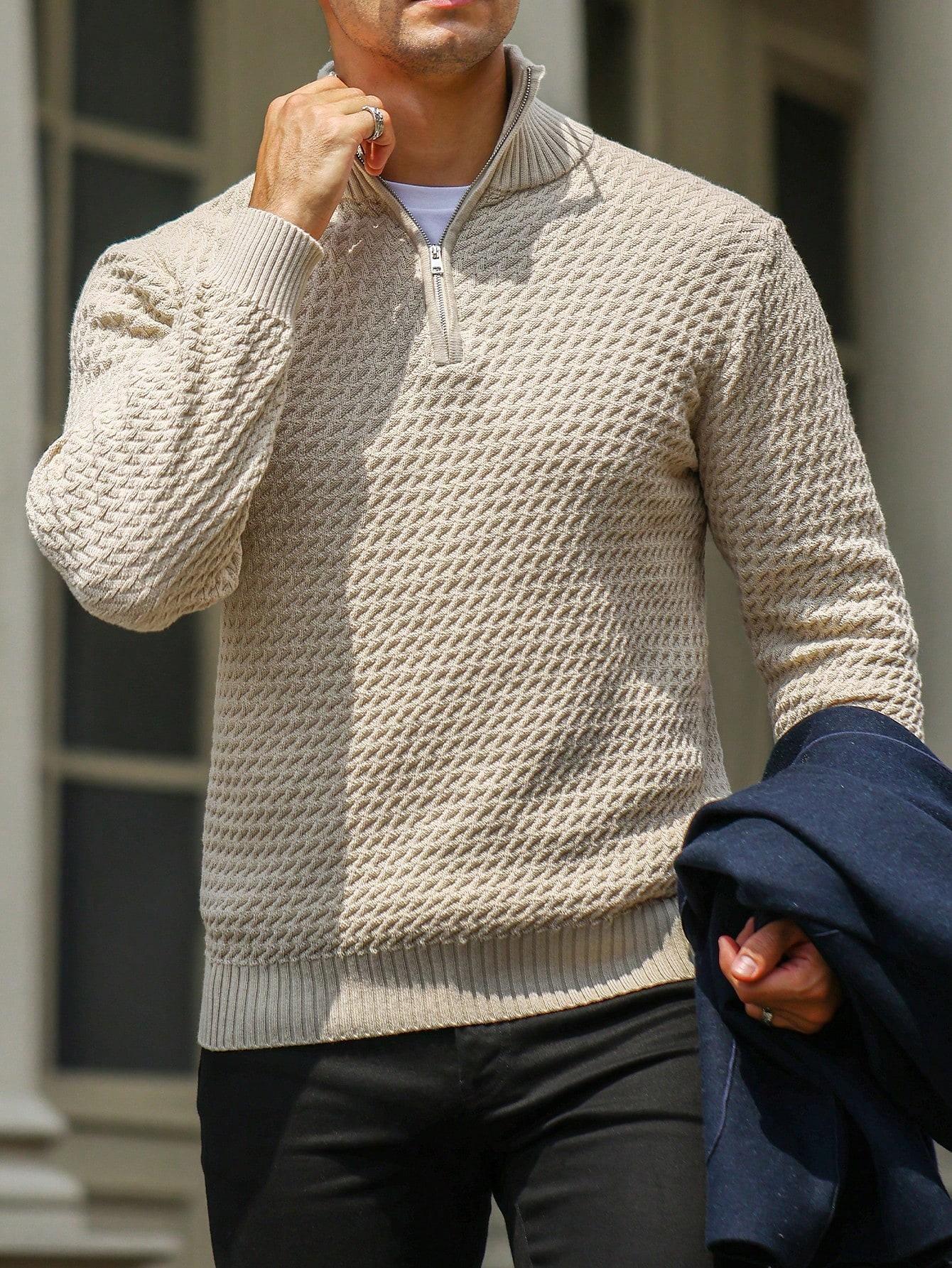 Men's Quarter-Zip Sweater Textured-Knit Mock Neck Pullover Business Casual Slim Fit, S-3XL Men's Quarter-Zip Sweater Textured-Knit Mock Neck Pullover Business Casual Slim Fit, S-3XL