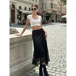 Women's High Waist Satin Lace Long Dress, Asymmetric Decor Y2K Evening Gown, Layered Elegant Midi Skirt for Spring Summer Fall Winter