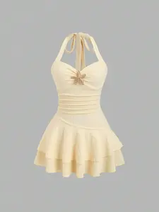 Sweetra Women's New Spring/Summer Suitable For Beach Vacation Elegant Textured Fabric Halter Neck Tie Front Ruched Metallic Decor Tiered Ruffle Hem Playful Mini Dress