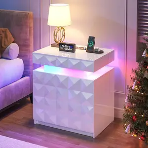 Dystler LED Nightstand Set of 2 with Charging Station,3 Drawers Night Stand with Lockable Hidden Storage,Smart Bedside Table with Human Sensor RGB Lights for Bedroom,white