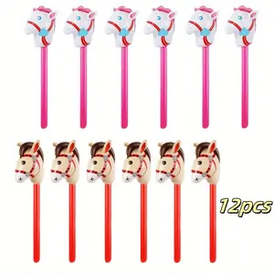 12 Pieces Inflatable Stick Horse – Cute Blow Up Horse Head Balloon with Stick, Colorful Cowboy Cowgirl Party Decorations for Themed Birthday Party Favor Supplies (Pink & Red)