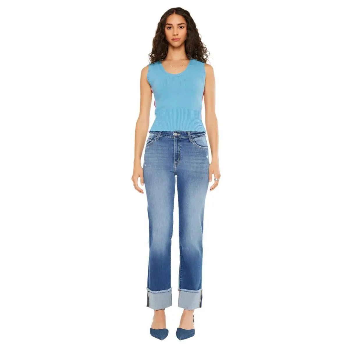 Slat Tree Quin Women's High-Rise Straight Leg Pants - Relaxed Fit High-Stretch Fabric with Cuffed Hem and 5-Seam Pocket, Button, Straight Pants