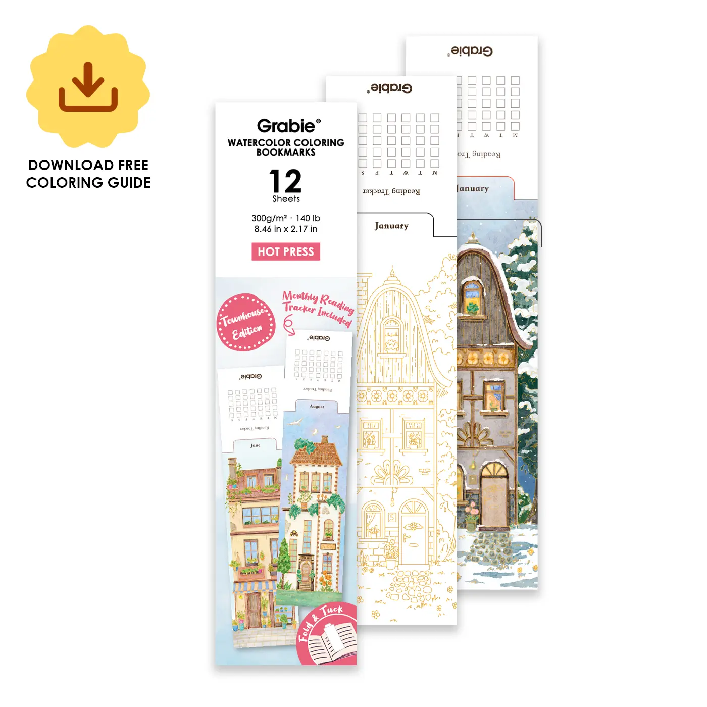 Grabie 12-Sheet 140lb Watercolor Coloring Bookmarks - Townhouse Edition, 100% Cotton, Durable Surface, Built-In Reading Tracker, Reading Tracker, Doubles as a Bookmark, Back to School, Class Reward Gift Idea
