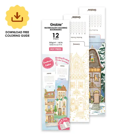 Grabie 12 Sheets 140lb Watercolor Coloring Bookmarks - Townhouse Edition, Durable Surface, Built-In Reading Tracker, Blank Print, Fold-And-Tuck Index Design, Craft Use, All Year Office Art Supplies
