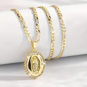 Gold Guadalupe Virgin Mary Necklace for Women Men Teens, 14K Gold Plated Oval Zircon Inlay Oil Drip Virgin Mary Pendant with Stainless Steel Figaro Chain Necklace