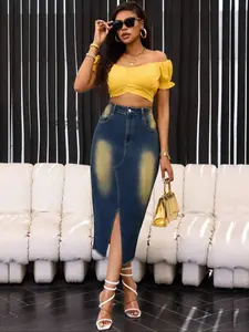 Women's Split Hem Denim Skirt, Fashion Casual High Waist Skirt for Daily Outdoor Wear, Ladies Bottoms for Summer, Womenswear, Egirl Skirts, Casual Fashionable Skirt, Street Fashion Skirt