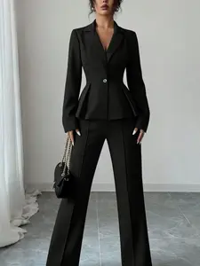 Two-piece women's black lapel multi-button waist-cinching pleated hem Chic Long Sleeve blazer high-waisted long-legged suit pants suitable for all seasons, suitable for daily attendance, attending events and other occasions.