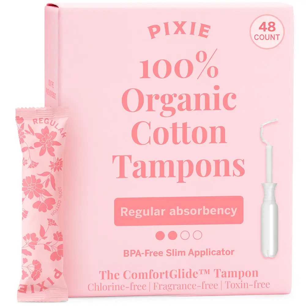 Pixie Organic Cotton Tampons – Regular Absorbency – BPA-Free Long Applicator – Unscented, Chlorine-Free Feminine Care – 48 Count