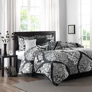 360 Stand 7-Piece Hypoallergenic Cotton Sateen Damask Print Comforter Set, California King Bed Size (104x92x1.5in, Black, MP10-7955)