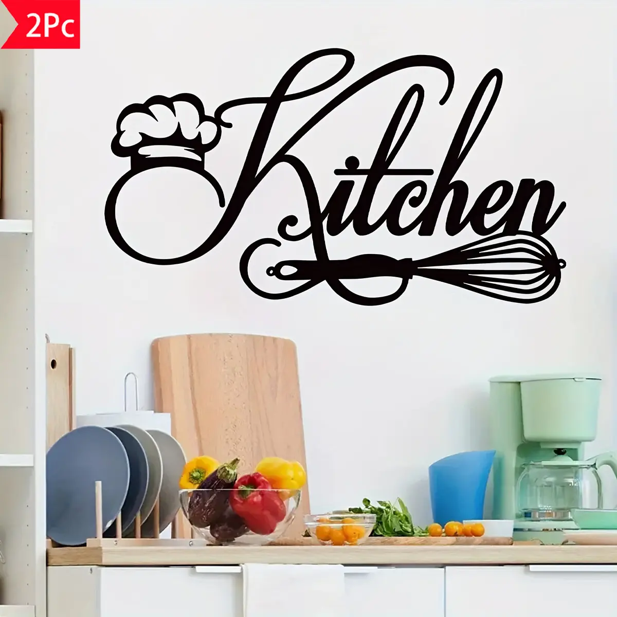 2PC Kitchenware Textured Wall Decal, Stickers, Adhesive Stickers, Stick On Backsplash, the design brings a cooking-themed decorative effect to the kitchen wall, enhancing t