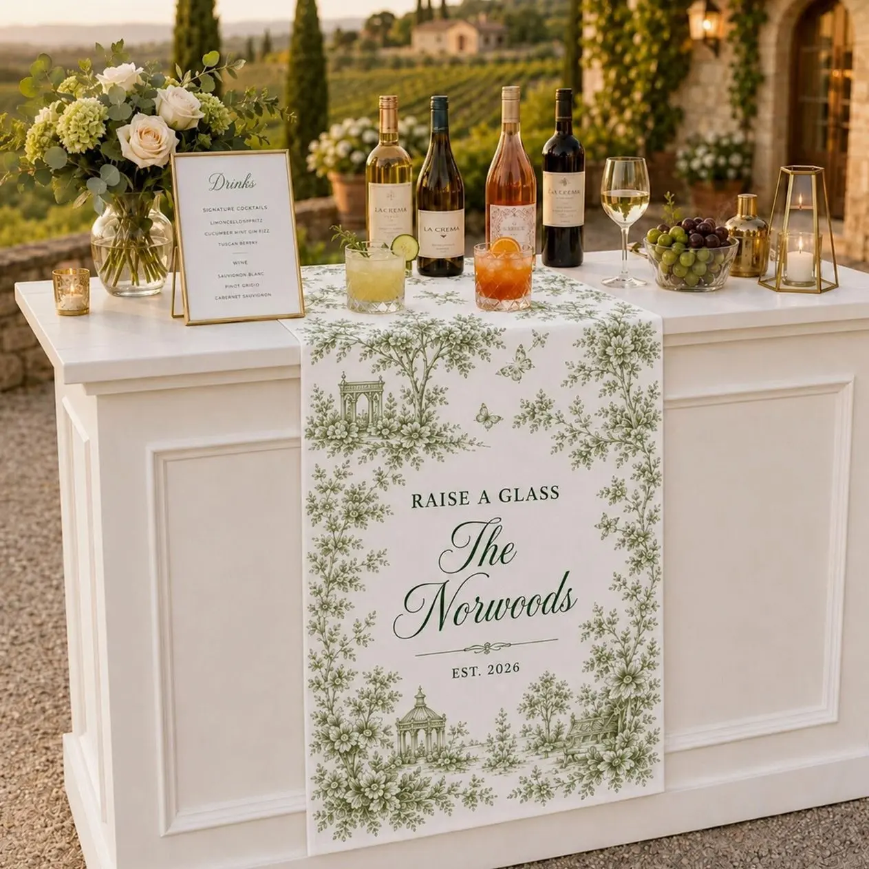 Personalized Wedding Bar Table Runner, Custom Family Cocktail Table Runner, Toile de Jouy Wedding Reception Decor, Anniversary Party Gift