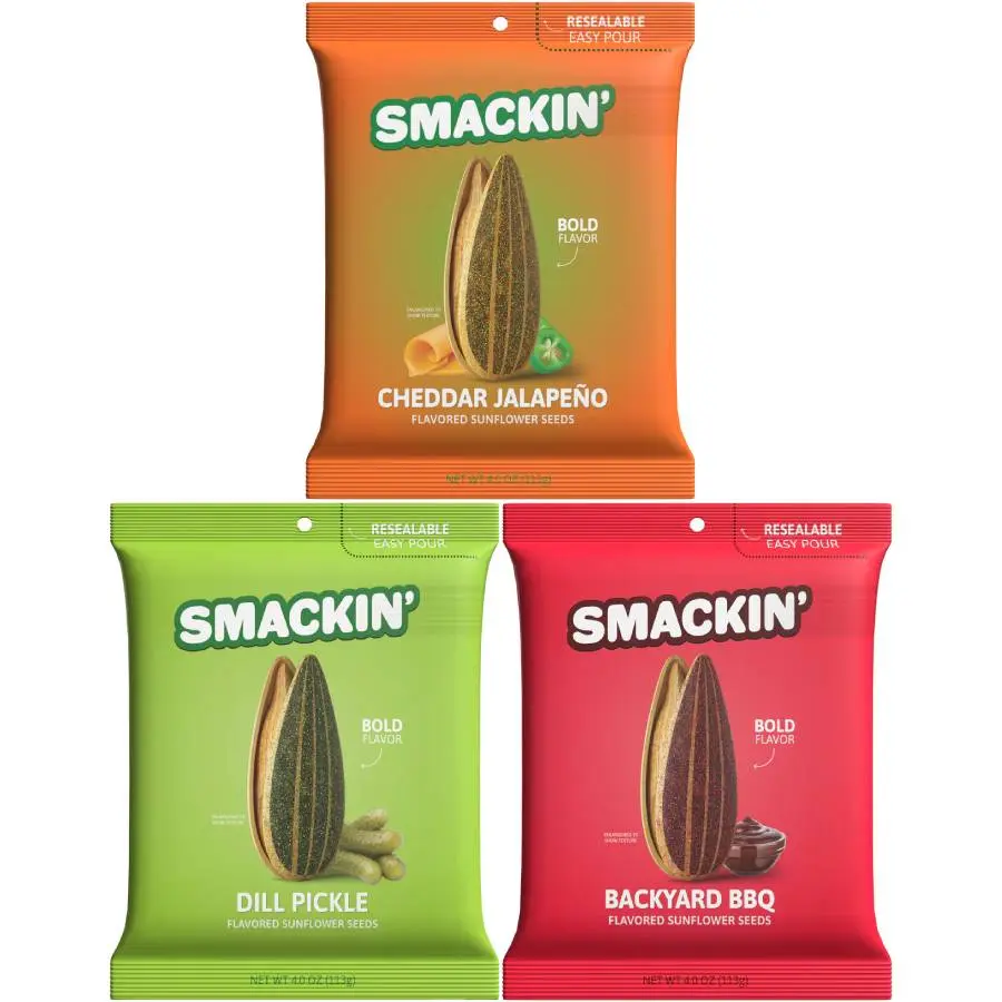 SMACKIN’ Sunflower Seeds 3-Flavor Variety Pack - 4oz Bags (Cheddar Jalapeño, Dill Pickle, Backyard BBQ) Savory Snack