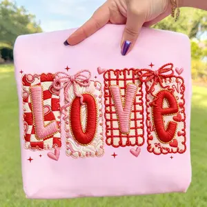 Love Faux Yarn Valentine Print Sweatshirt, Latch Hook Crochet Heart, Coquette Bow Checkered Shirt