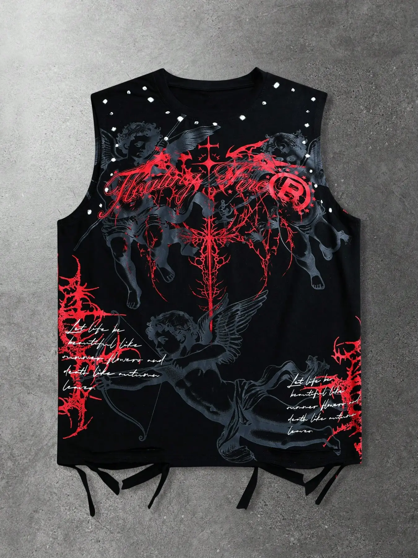 1 Pc Men's Sleeveless Tank Top Gothic Y2K Streetwear Angel Graphic Print Distressed Fringe Hem for Summer Casual Hip Hop Street Wear