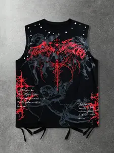 1 Pc Men's Sleeveless Tank Top Gothic Y2K Streetwear Angel Graphic Print Distressed Fringe Hem for Summer Casual Hip Hop Street Wear