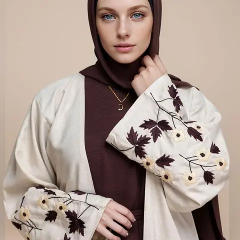 Women's Floral Embroidery Long Sleeve Abaya, Modest Casual Open Front Abaya for Daily Wear, Women's Islamic Clothing for All Seasons, Modesty Abaya, Modest Muslim Outfits, Islamic Modesty Clothes