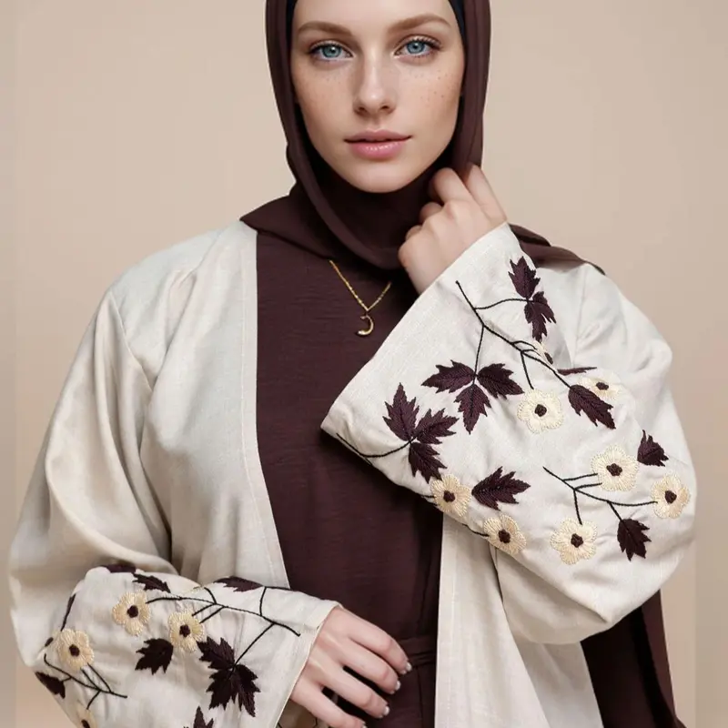 Women's Floral Embroidery Long Sleeve Abaya, Modest Casual Open Front Abaya for Daily Wear, Women's Islamic Clothing for All Seasons, Modesty Abaya, Modest Muslim Outfits, Islamic Modesty Clothes