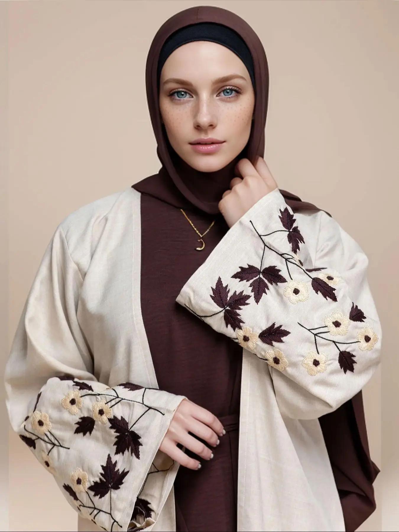 Women's Floral Embroidery Long Sleeve Abaya, Modest Casual Open Front Abaya for Daily Wear, Women's Islamic Clothing for All Seasons