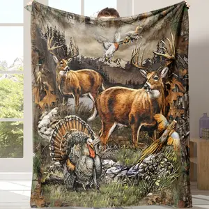 Soft Flannel Blanket with Forest Deer Design, Cozy Throw for Office Nap, School, Home Picnic, Travel Gift Idea, Flannel Fleece Blanket