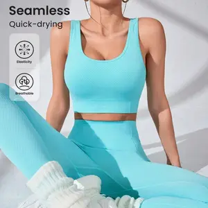New seamless nylon-spandex high-elasticity moisture-wicking yoga set for running, fitness, and Pilates, including bra and long pants for women