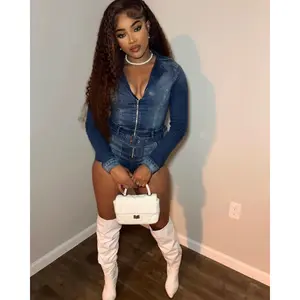 two-piece set woman 2025 Fashion Women Clothes V-Neck Long Sleeve Belt Denim Short Jumpsuit Summer Y2k Streetwear Casual Party Jean Romper Playsuit