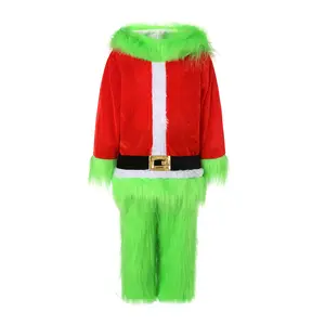 Kids Girls Boys Christmas Cosplay Costume Green Furry Santa Claus Suit Funny Party Outfit Set