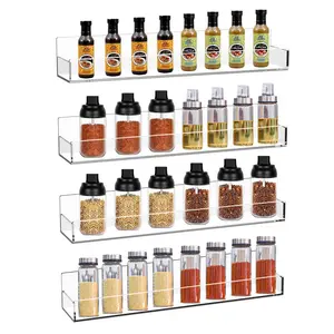 Clear Acrylic Spice Rack Wall Mounted 15 inch Floating Shelf with Removable End Guards for Kitchen Cabinet Door Cupboard Bathroom Holds Jars Nail Polish Books Toiletries 4 pcs