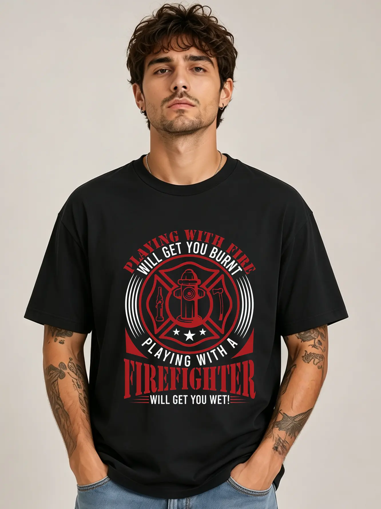 Men's Classic Short-Sleeve Round Neck Soft Stylish Cotton Graphic T-Shirt - Playing With A Firefighter Funny Design, Fire Rescue Humor, First Responder Inspired Printed Apparel
