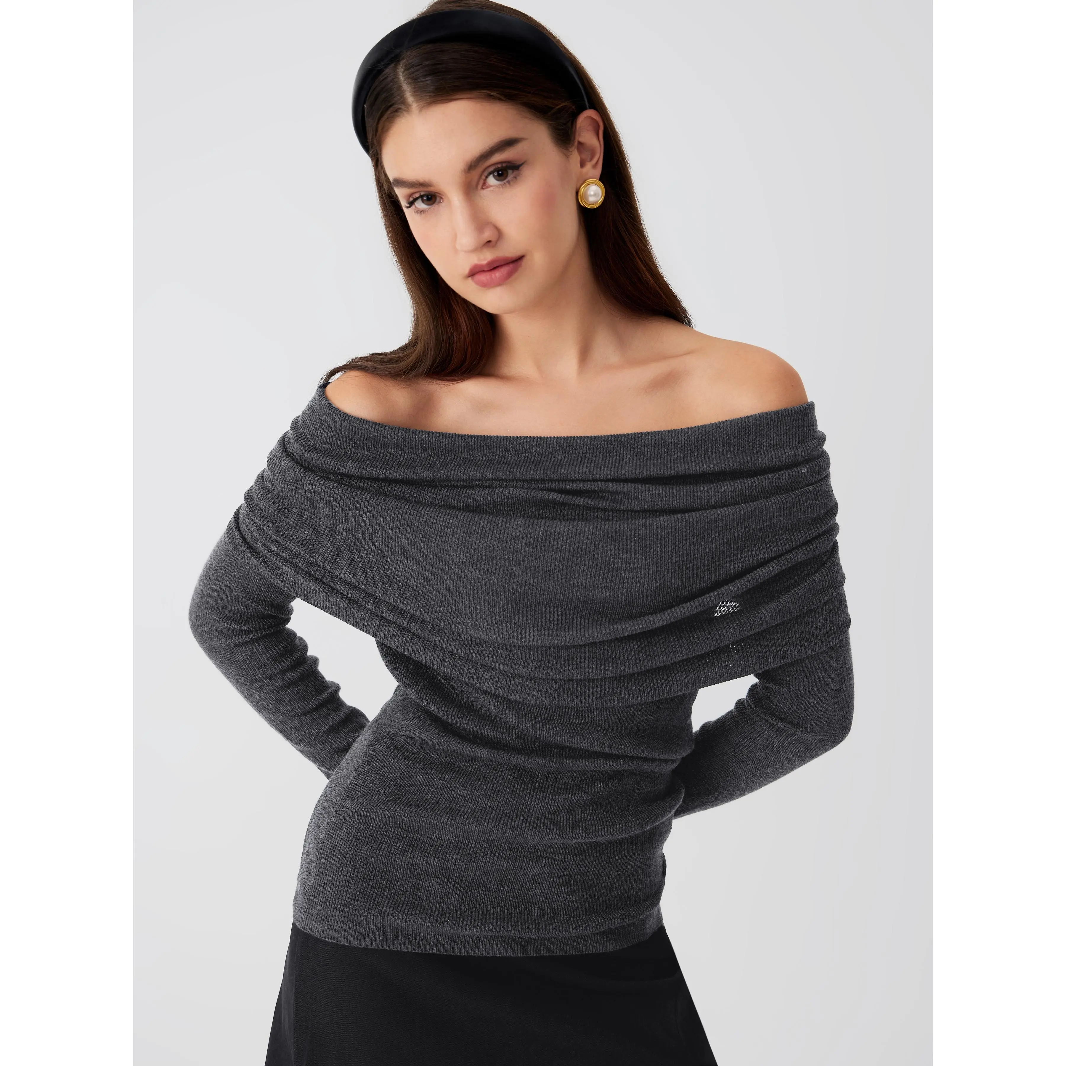 Cider Women's Solid Off-Shoulder Wool Blend Knit Blouse, Casual Ruched Long Sleeve Pullover Top for Women