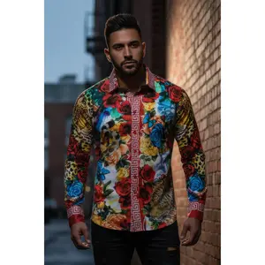 Barabas Men's Rhinestone Baroque Floral Greek Key Leopard Print Long Sleeve Shirt