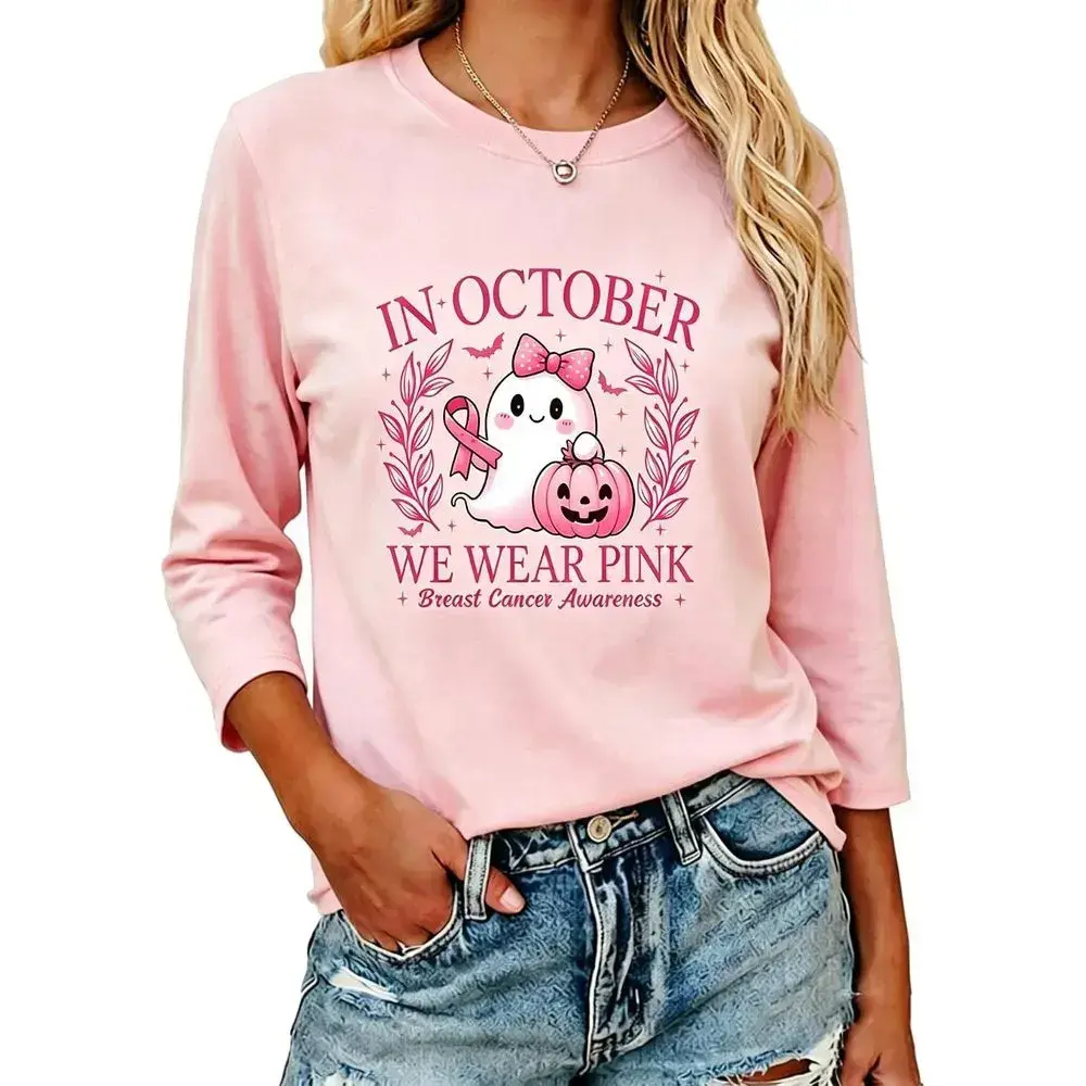 Pink Pumpkin 3/4 Sleeve Raglan T Shirt for Women Funny Breast Cancer Awareness Letter Graphic Baseball Tee Tops Blouse
