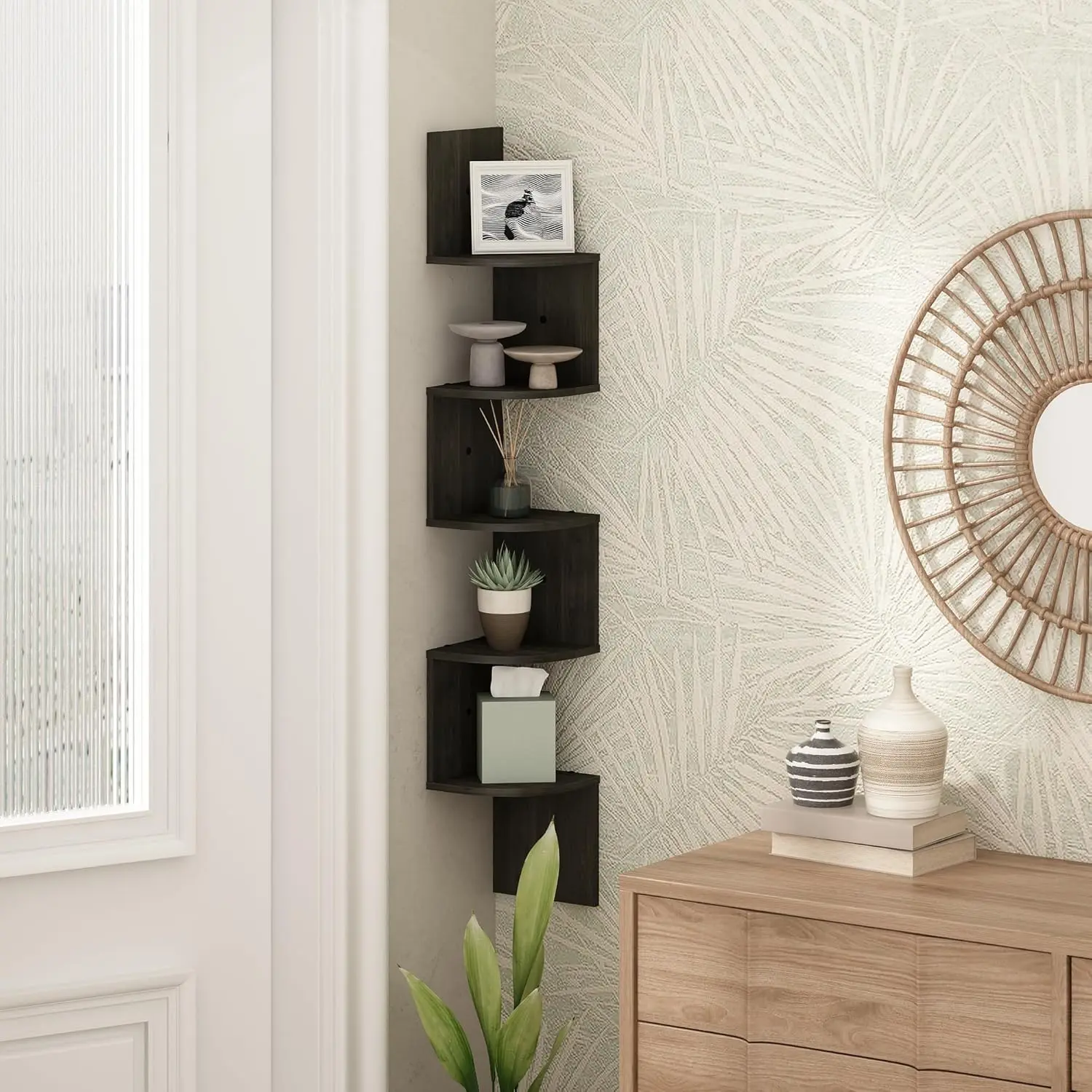 5-Tier Floating Corner Shelf, Wall Mount Shelves for Storage and Display Decor Wood  Room Light Wooden
