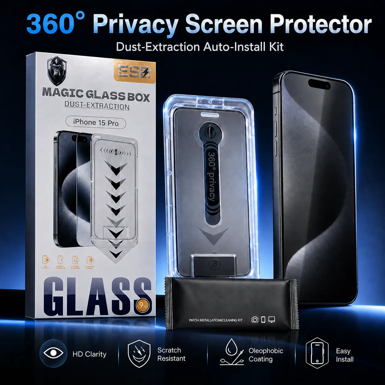 9H Scratch Res. Magic Glass Box Tempered Glass Screen Protector for iPhone 15 Pro, 360 Privacy Shield, Auto Dust Removal Auto Install Kit, HD Clarity, Touch Sensitivity, Mobile Phone Accessories