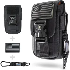 Tactical Molle Phone Pouch with Compass Buckle, Tactical Phone Holster Molle Cell Phone Pouch Universal Belt Waist Bag for IP 15/14/13 Pro Max / S22/S21 with Patch & Paracord Keyring Clip