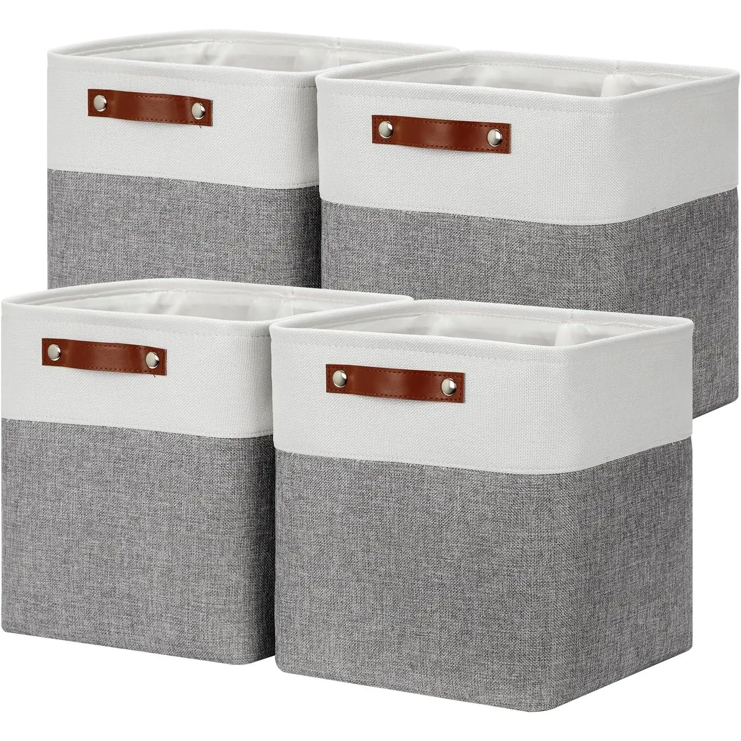 DULLEMELO [Set of 4 Storage Cubes Baskets for Organizing, 12 x 12 x 12 inch Cube Storage Organizer Bins with Leather Handles, Foldable Fabric Cloth Bins for Cube Storage(4 Pack - 12" White&Grey)