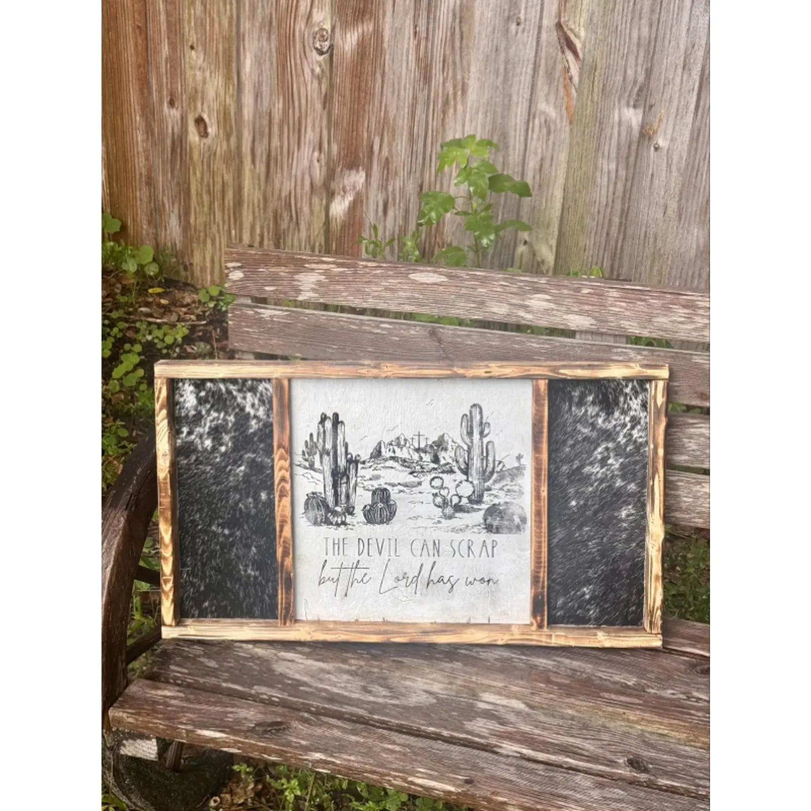 Genuine Cowhide 24”x12” Sign "The Devil Can Scrap" - Rustic Decorative Wall Art for Home Decor
