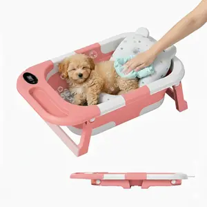 Portable Collapsible Dog Bath Tub with Water Drain Plug Foldable Space Saving Bathtub for Small Medium Pets and Cats Pink