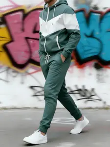 Stylish Men's Contrast Color Block Tracksuit Full Zip Hooded 2-Piece Sportswear with Side Stripes for Daily Leisure in Black White & Gray